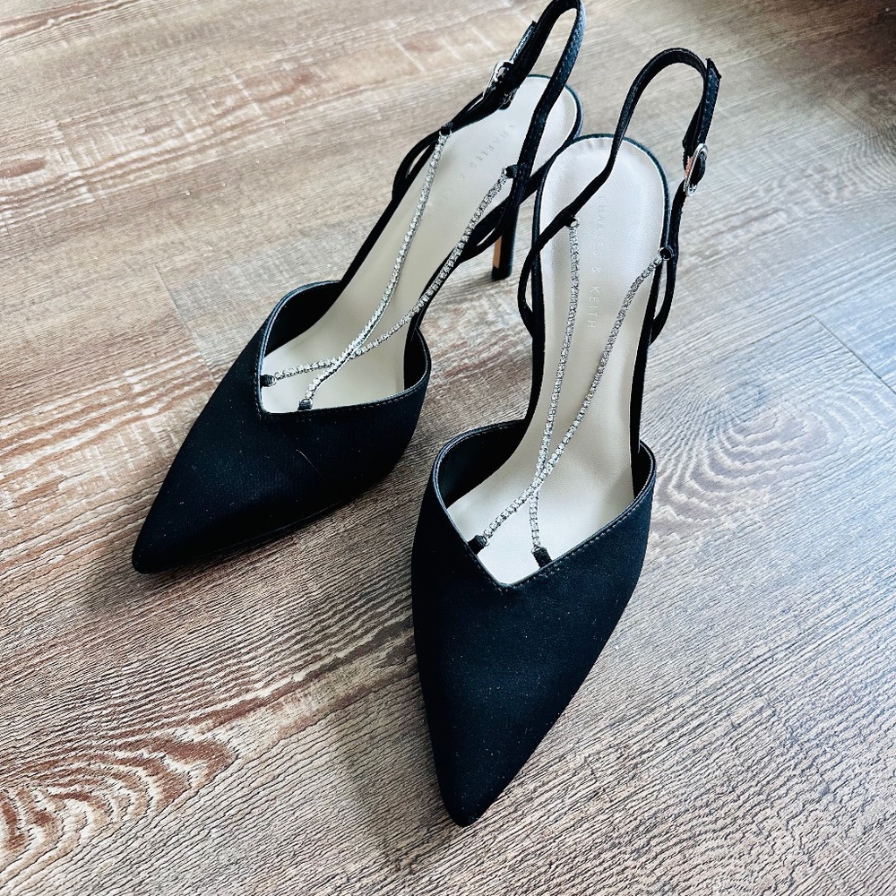 Charles&Keith Black Stunning Gem-Strap Slingback Pumps